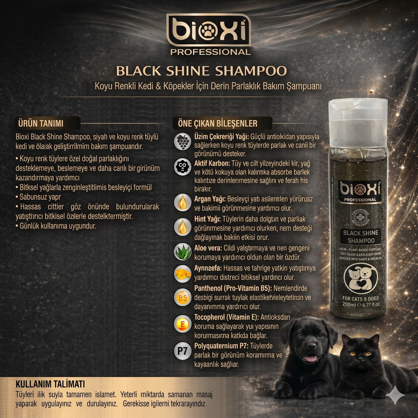 Bioxi® Black Shine Shampoo  – Koyu Renkli Kedi ve Köpekler İçin Derin Parlaklık Bakım Şampuanı