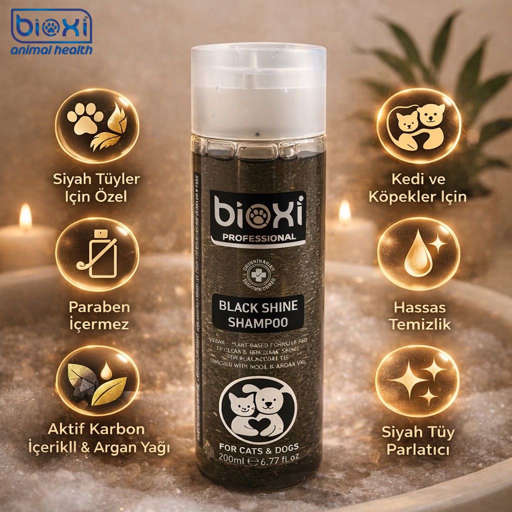 Bioxi® Black Shine Shampoo  – Koyu Renkli Kedi ve Köpekler İçin Derin Parlaklık Bakım Şampuanı