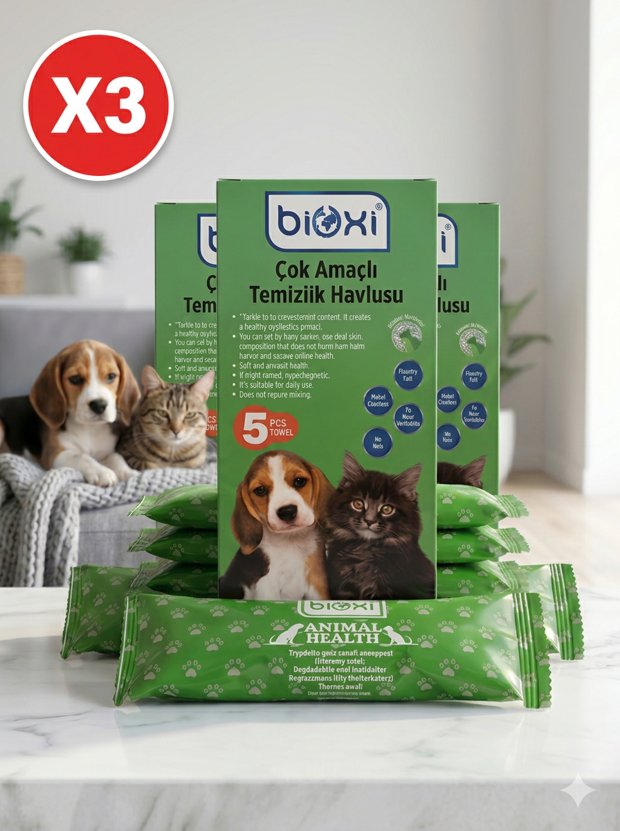 Bioxi® Animal Health Hijyenik ve Çok Amaçlı Temizlik Havlusu,Tekli Ambalajlarda 5li paket x 3 kutu