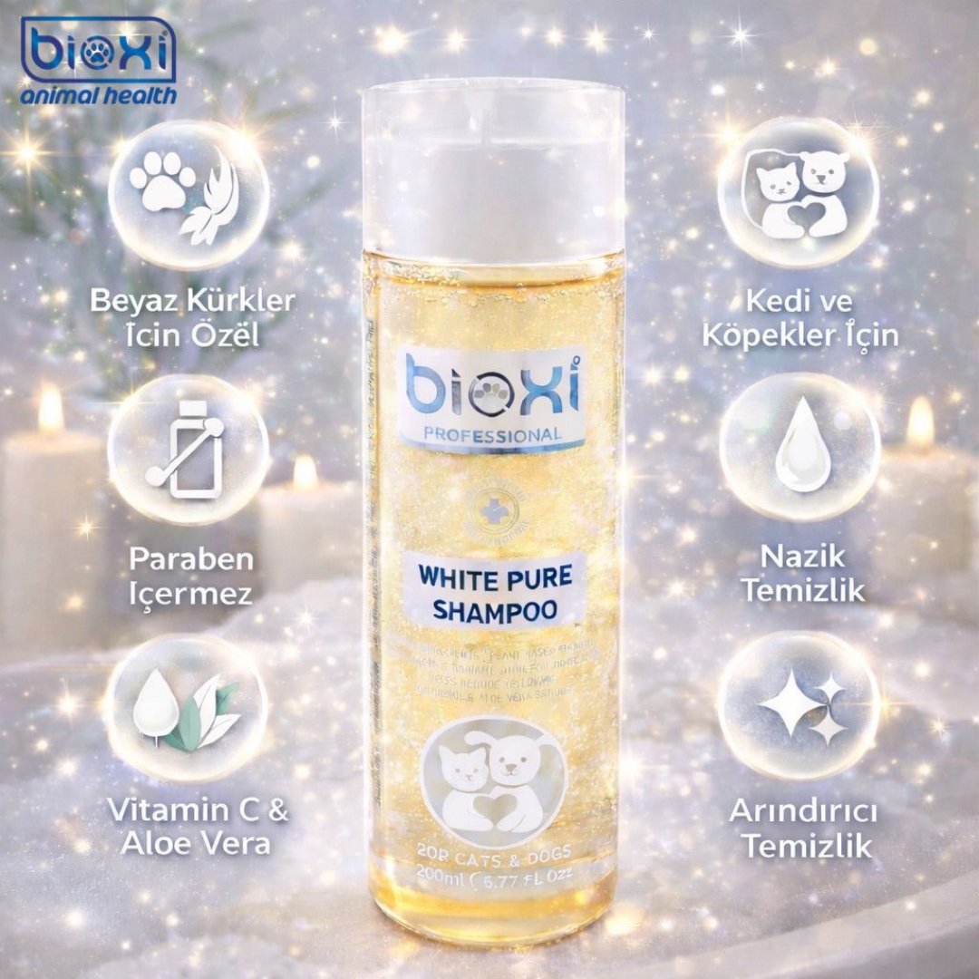 Bioxi® White Pure Shampoo – Beyaz ve Açık Renk Tüylü Kedi ve Köpekler İçin Bakım Şampuanı