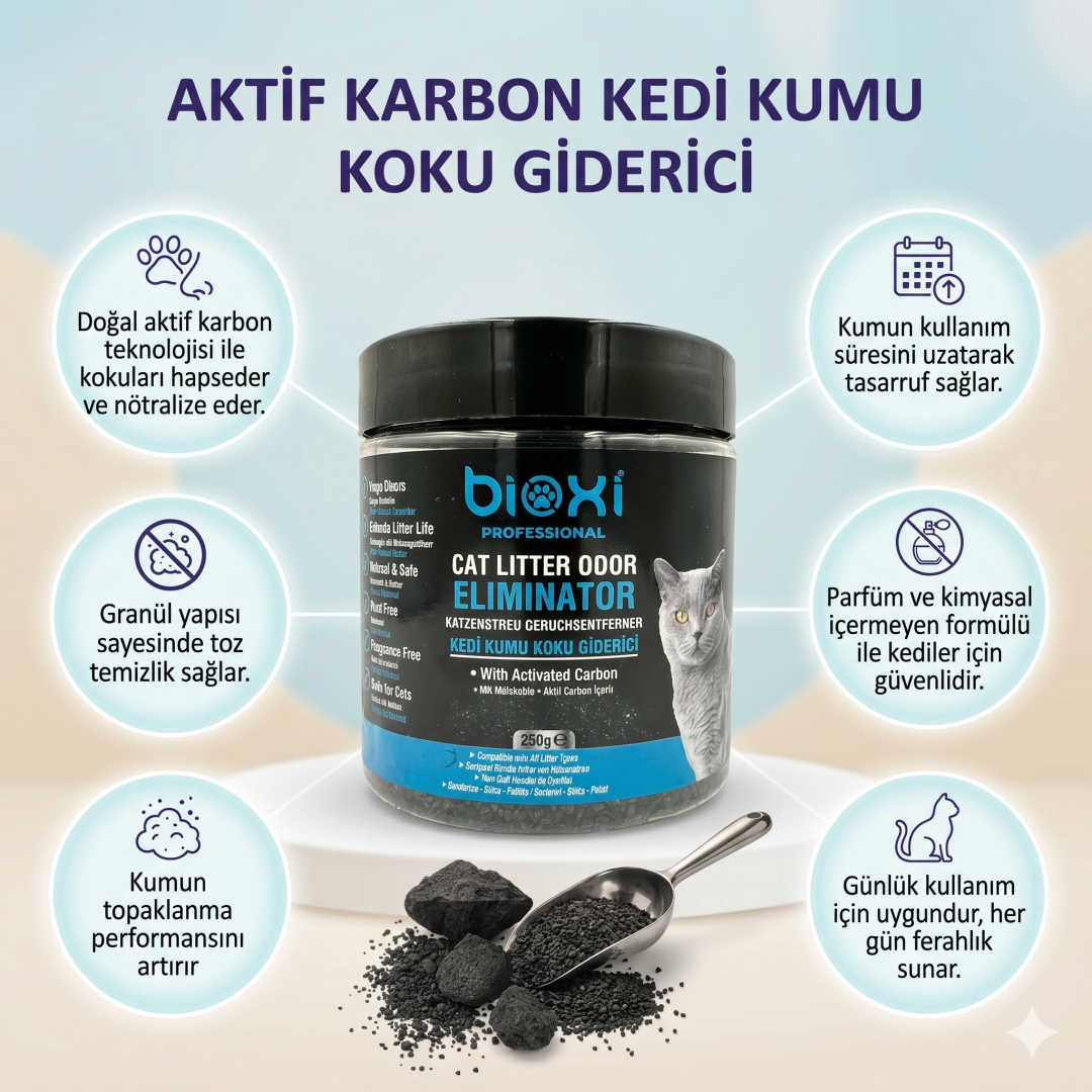Bioxi® Aktif Karbon Kedi Kumu Koku Giderici 250 gr – Doğal Aktif Karbon Granül Koku Önleyici