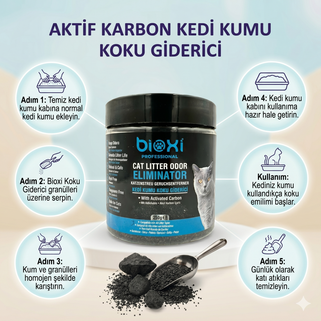Bioxi® Aktif Karbon Kedi Kumu Koku Giderici 250 gr – Doğal Aktif Karbon Granül Koku Önleyici