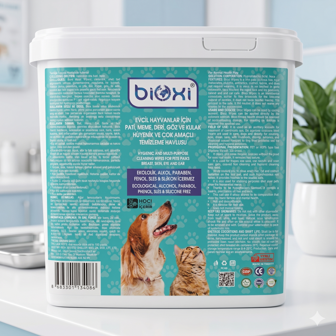 Bioxi® Evcil Hayvanlar İçin Hijyenik ve Çok Amaçlı Temizleme Kova Mendili