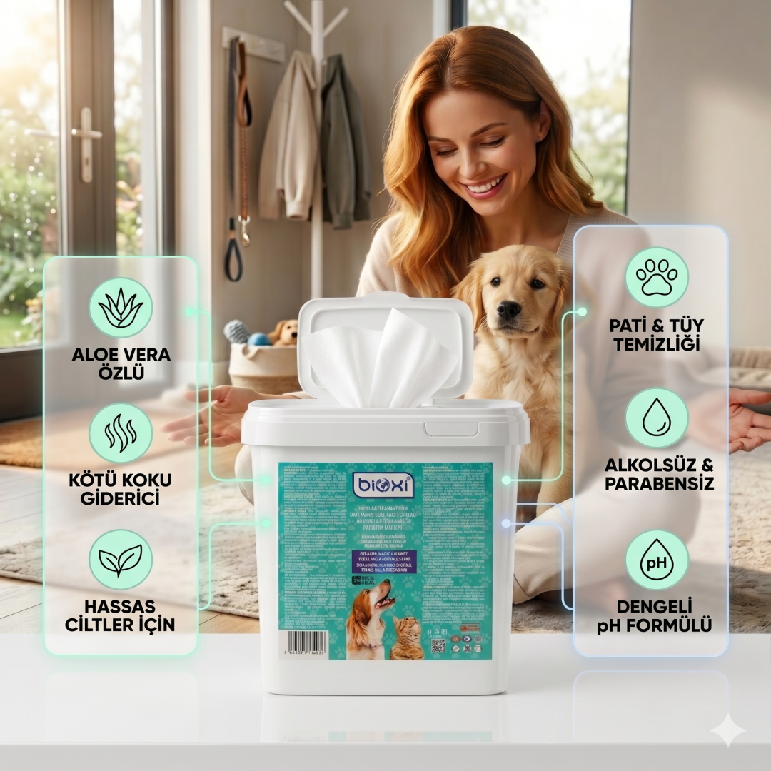 Bioxi® Evcil Hayvanlar İçin Hijyenik ve Çok Amaçlı Temizleme Kova Mendili