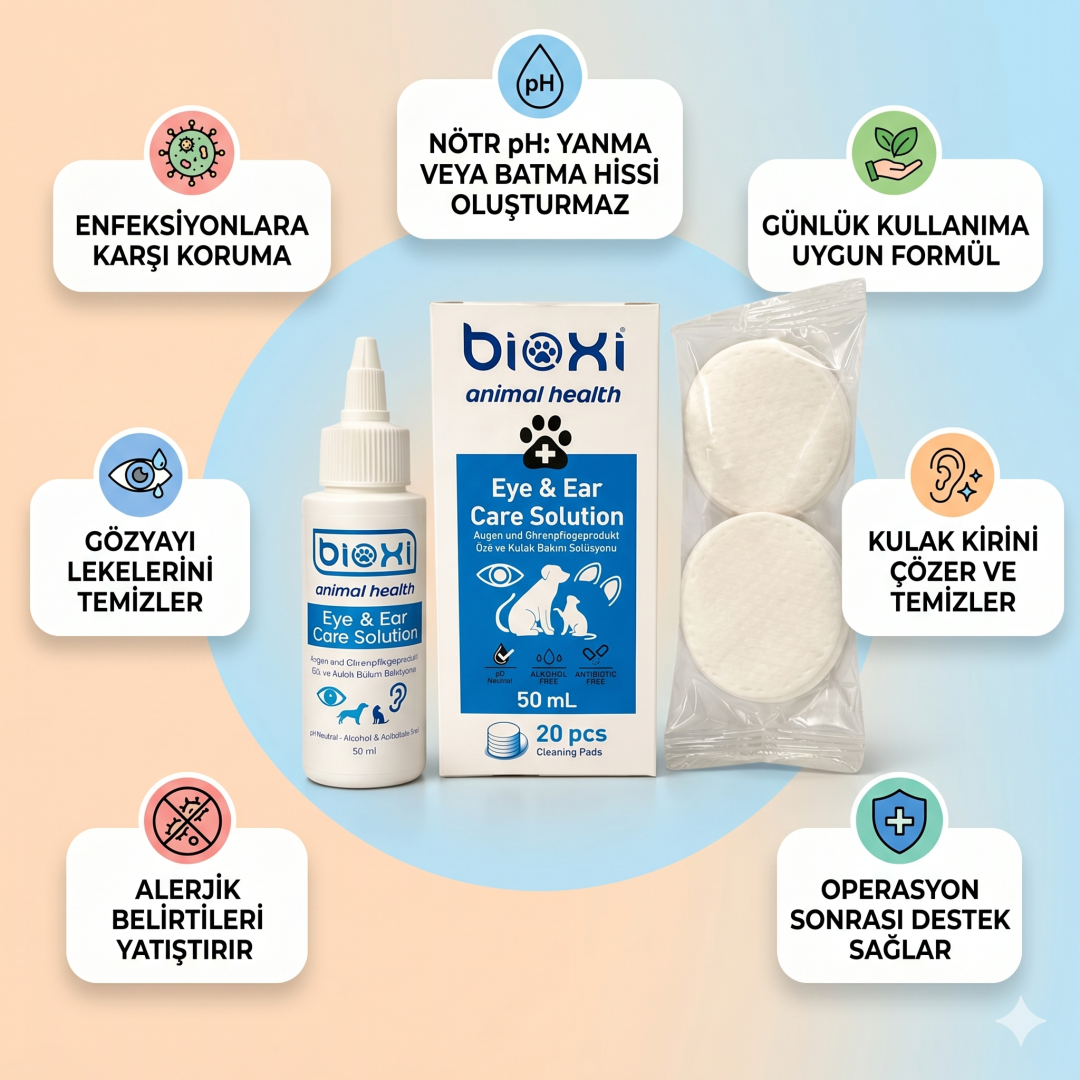 Bioxi® Evcil Hayvanlar İçin Göz ve Kulak Bakım Solüsyonu 50 ml - 20 Adet Silme Mendili