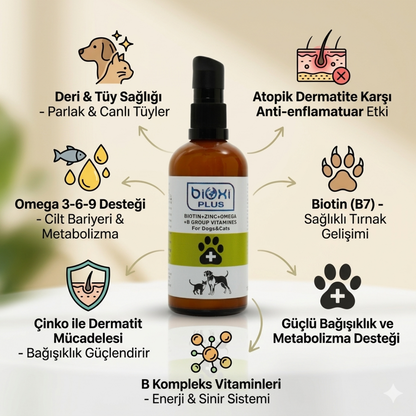 Bioxi® Plus Biotin + Zinc + Omega + B Group Vitamines - Kedi Ve Köpekler İçin Deri Ve Tüy Sağlığı Takviyesi