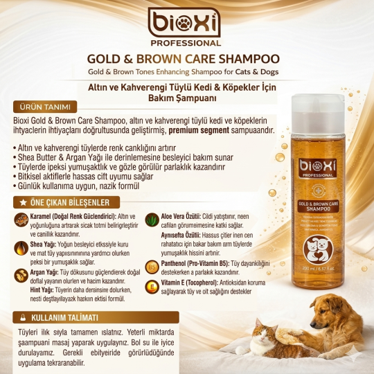 Bioxi® Gold & Brown Care Shampoo  – Altın ve Kahverengi Tüylü Kedi ve Köpekler İçin Bakım Şampuanı