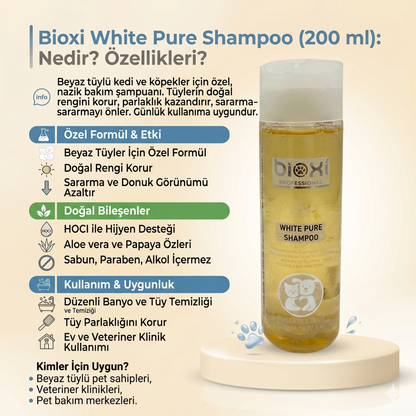 Bioxi® White Pure Shampoo – Beyaz ve Açık Renk Tüylü Kedi ve Köpekler İçin Bakım Şampuanı