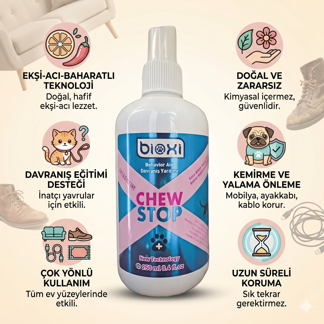 Bioxi® Chew Stop 250 ml – Evcil Hayvanlar İçin Isırma ve Kaşınmayı Önleyici Sprey