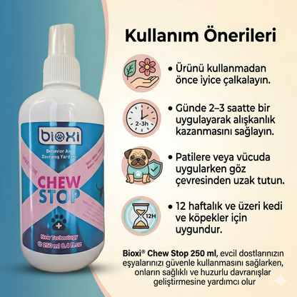 Bioxi® Chew Stop 250 ml – Evcil Hayvanlar İçin Isırma ve Kaşınmayı Önleyici Sprey