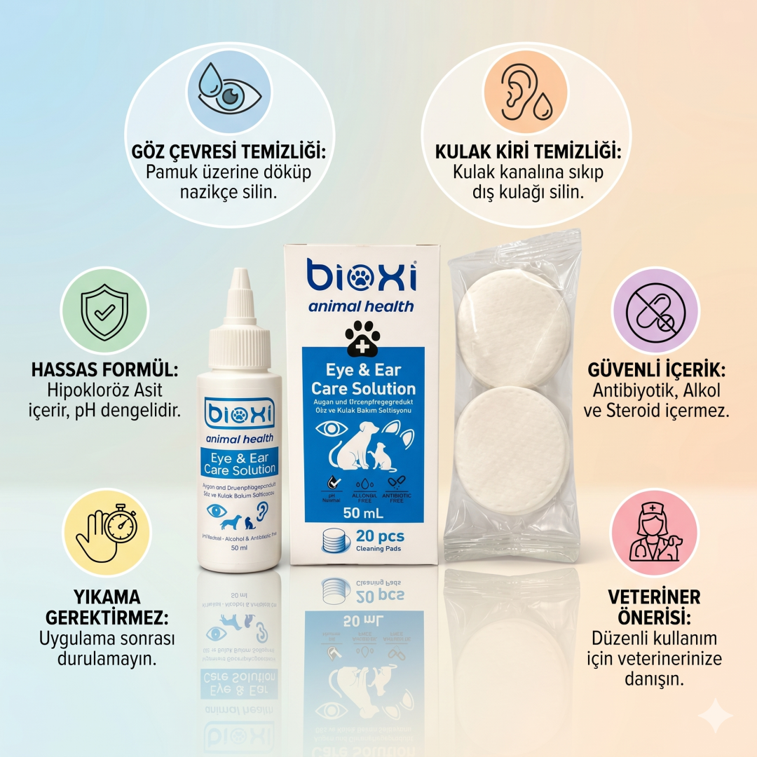 Bioxi® Evcil Hayvanlar İçin Göz ve Kulak Bakım Solüsyonu 50 ml - 20 Adet Silme Mendili
