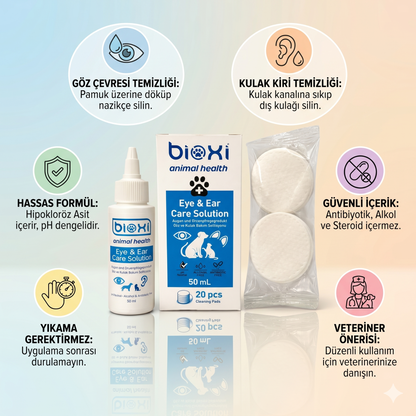 Bioxi® Evcil Hayvanlar İçin Göz ve Kulak Bakım Solüsyonu 50 ml - 20 Adet Silme Mendili